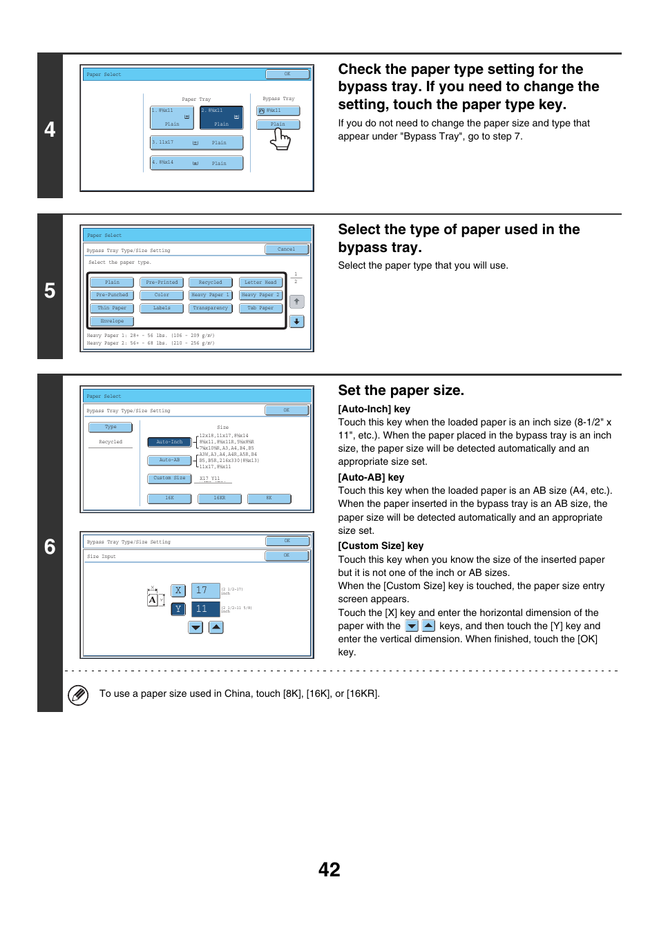 Select the type of paper used in the bypass tray, Set the paper size, 17 x y 11 | Select the paper type that you will use | Sharp MX-7001 User Manual | Page 123 / 710