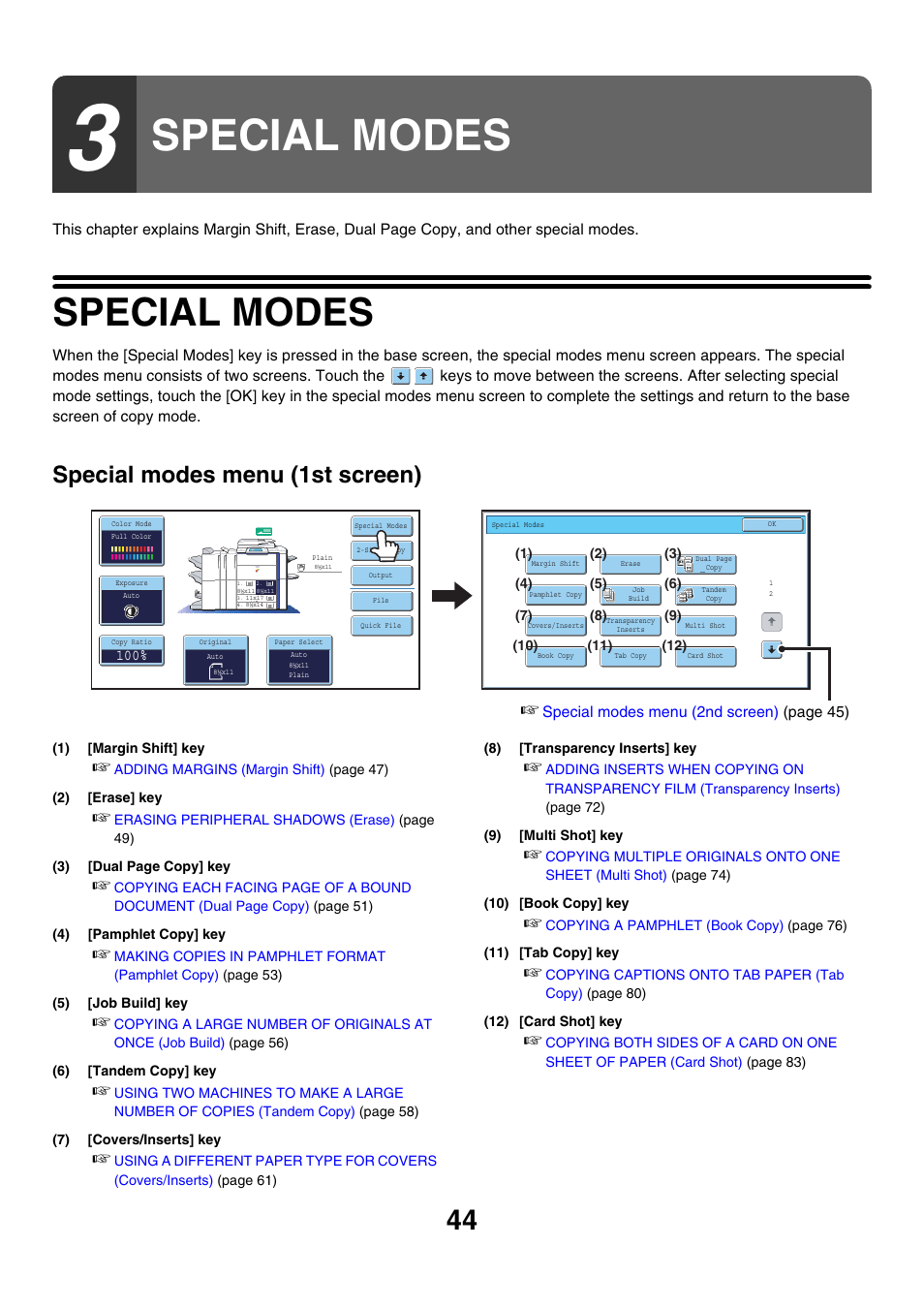 Special modes, Special modes menu (1st screen) | Sharp MX-7001 User Manual | Page 125 / 710