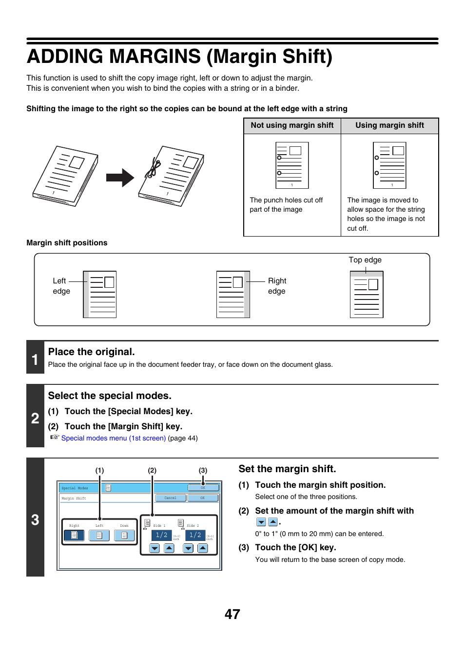 Adding margins (margin shift), Place the original, Select the special modes | Set the margin shift | Sharp MX-7001 User Manual | Page 128 / 710
