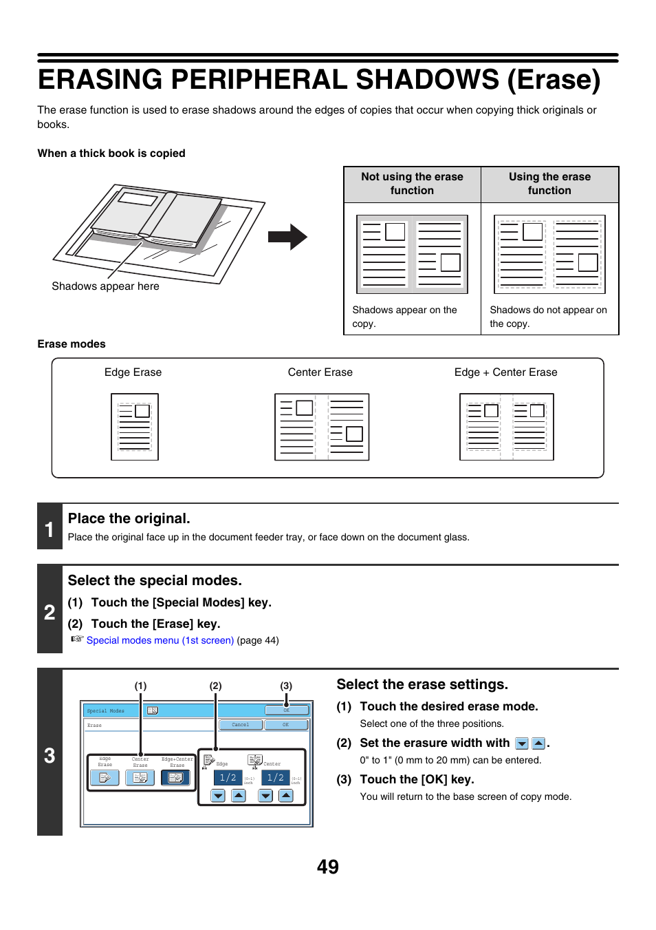 Erasing peripheral shadows (erase), Place the original, Select the special modes | Select the erase settings | Sharp MX-7001 User Manual | Page 130 / 710