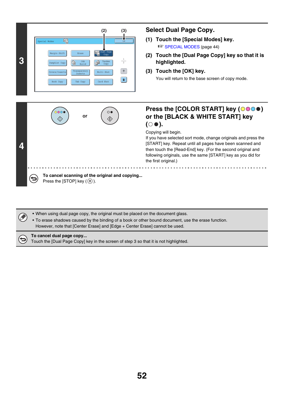 Select dual page copy, 1) touch the [special modes] key | Sharp MX-7001 User Manual | Page 133 / 710