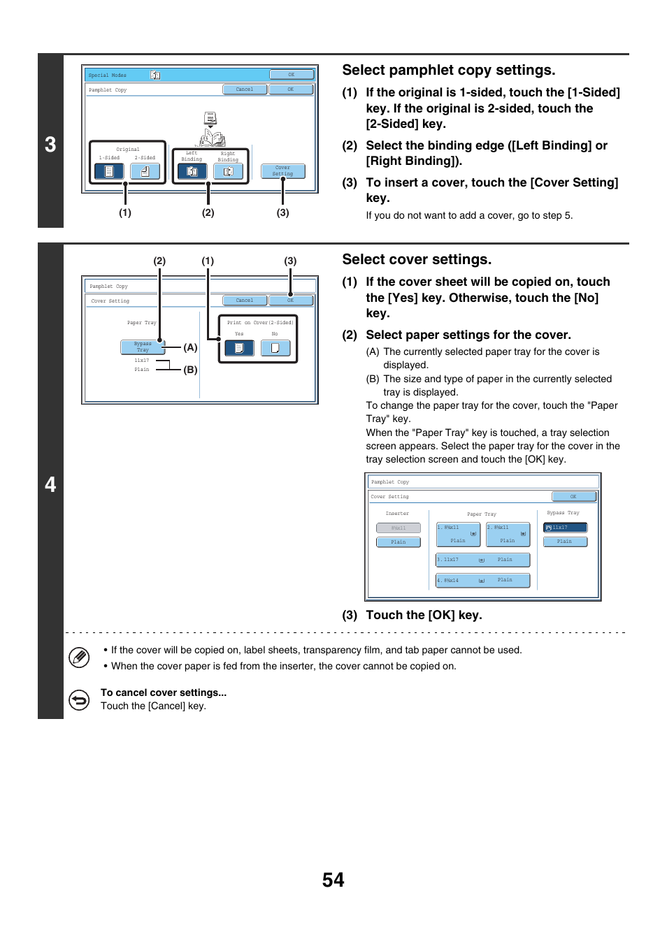 Select pamphlet copy settings, Select cover settings, 3) touch the [ok] key | Sharp MX-7001 User Manual | Page 135 / 710