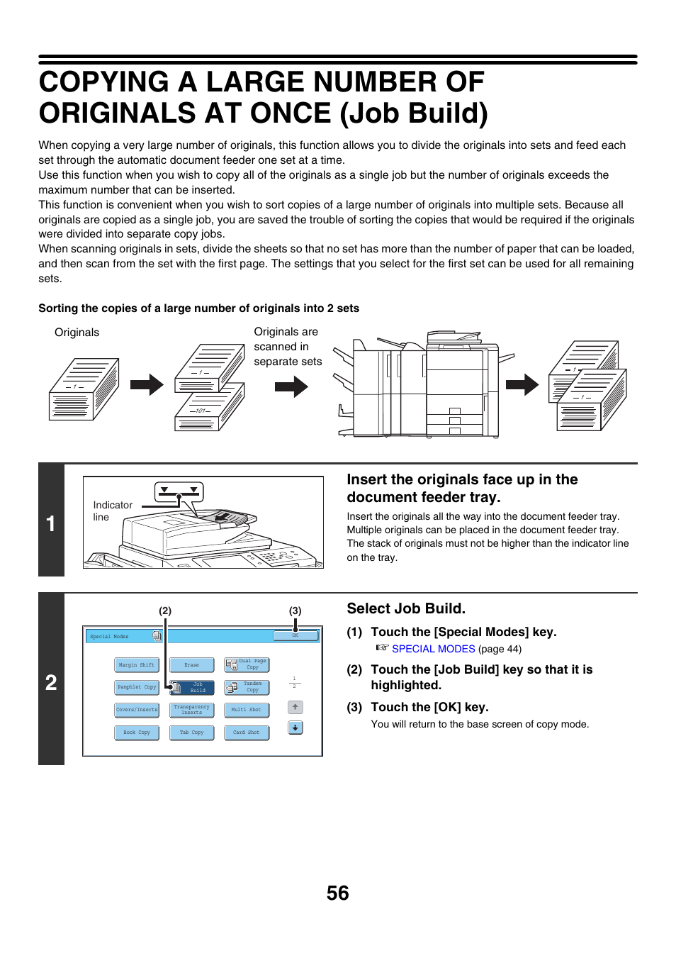 Ge 56), Select job build, 1) touch the [special modes] key | Sharp MX-7001 User Manual | Page 137 / 710