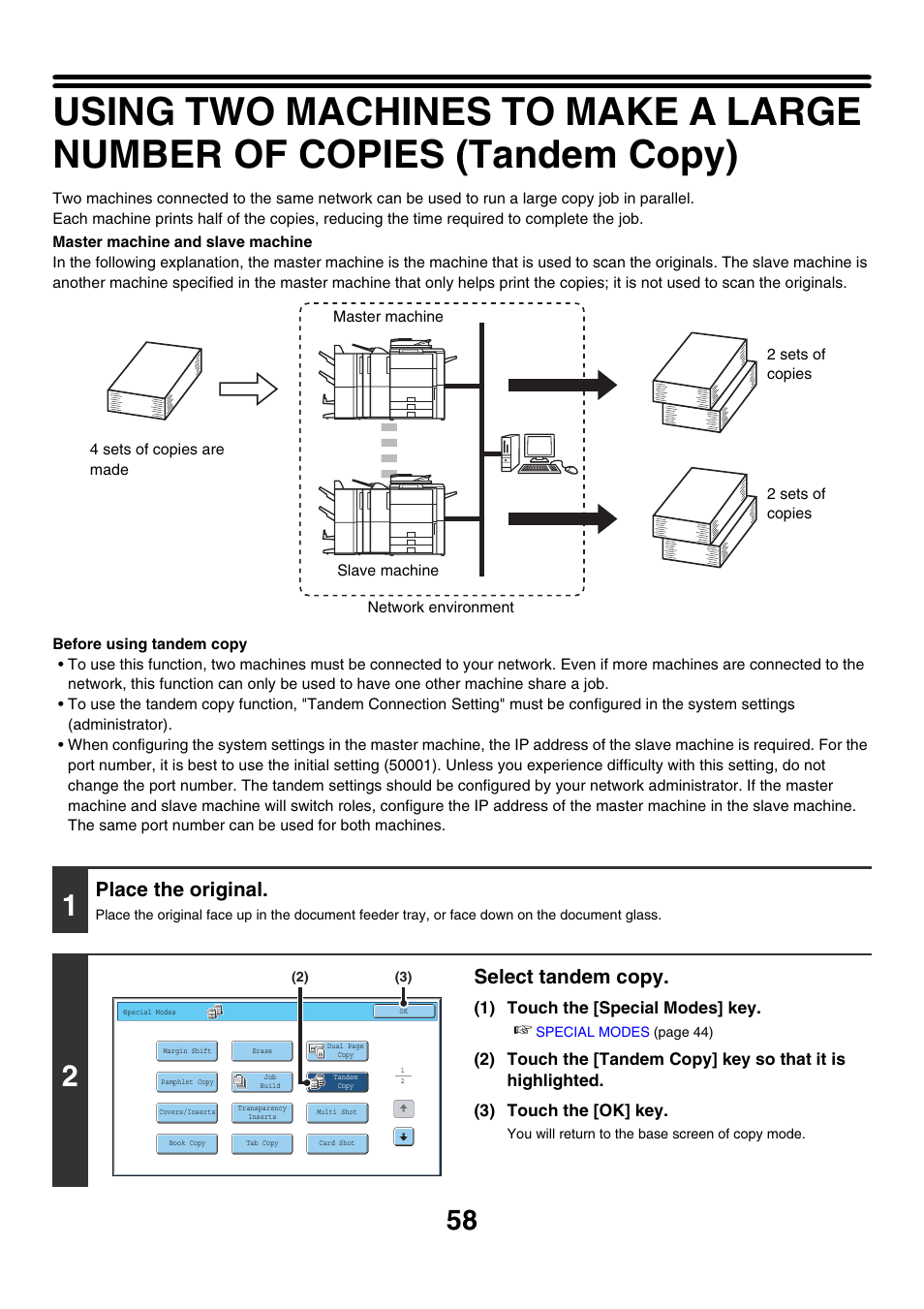 Place the original, Select tandem copy | Sharp MX-7001 User Manual | Page 139 / 710