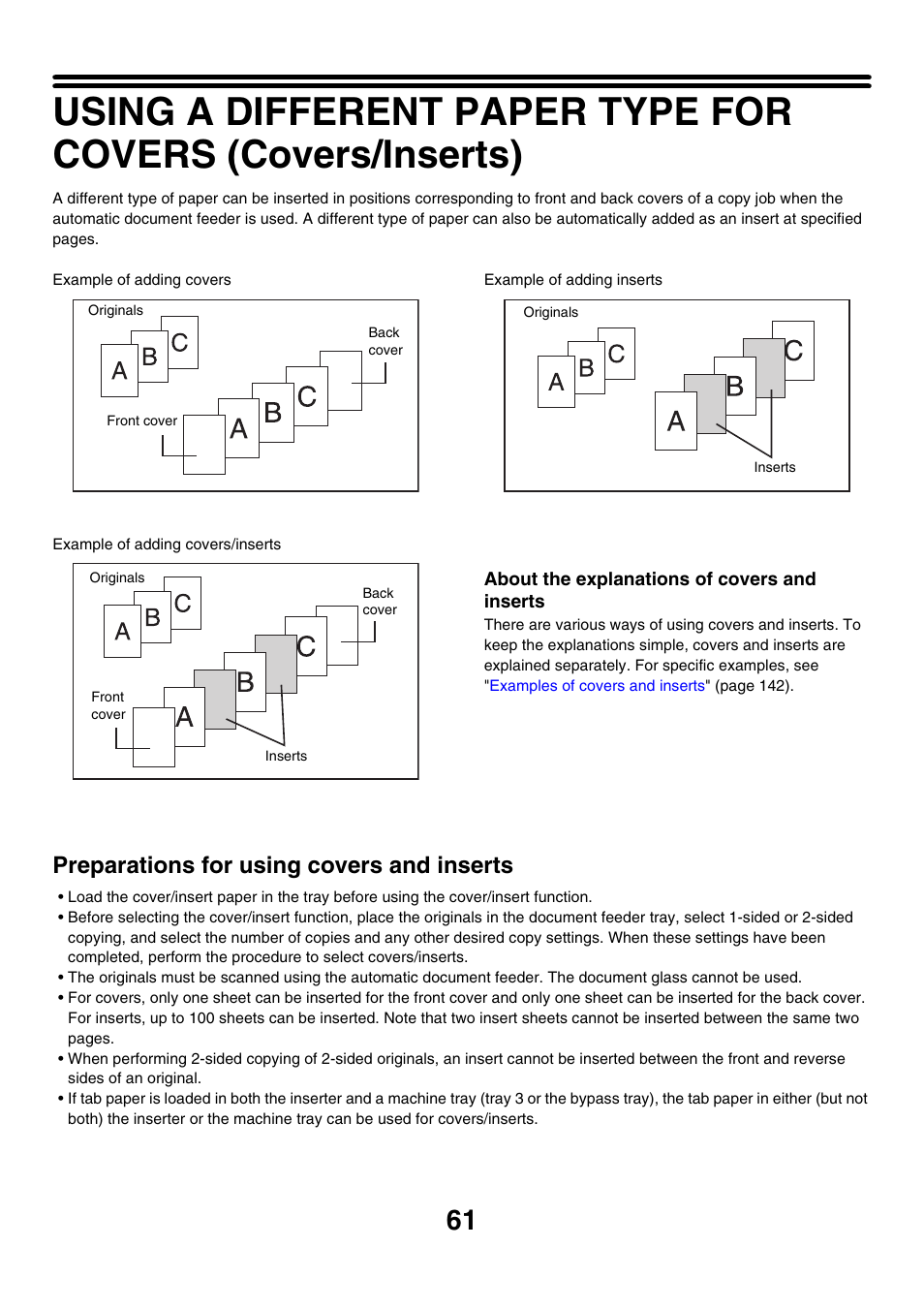 Ge 61), Preparations for using covers and inserts | Sharp MX-7001 User Manual | Page 142 / 710