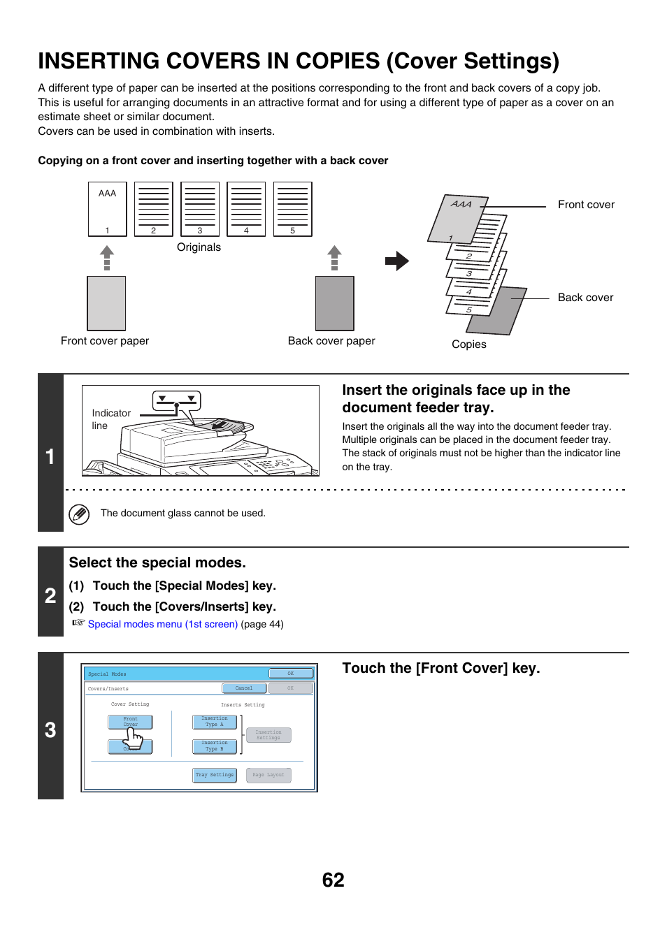 Inserting covers in copies (cover, Settings), Inserting covers in copies (cover settings) | Select the special modes, Touch the [front cover] key | Sharp MX-7001 User Manual | Page 143 / 710