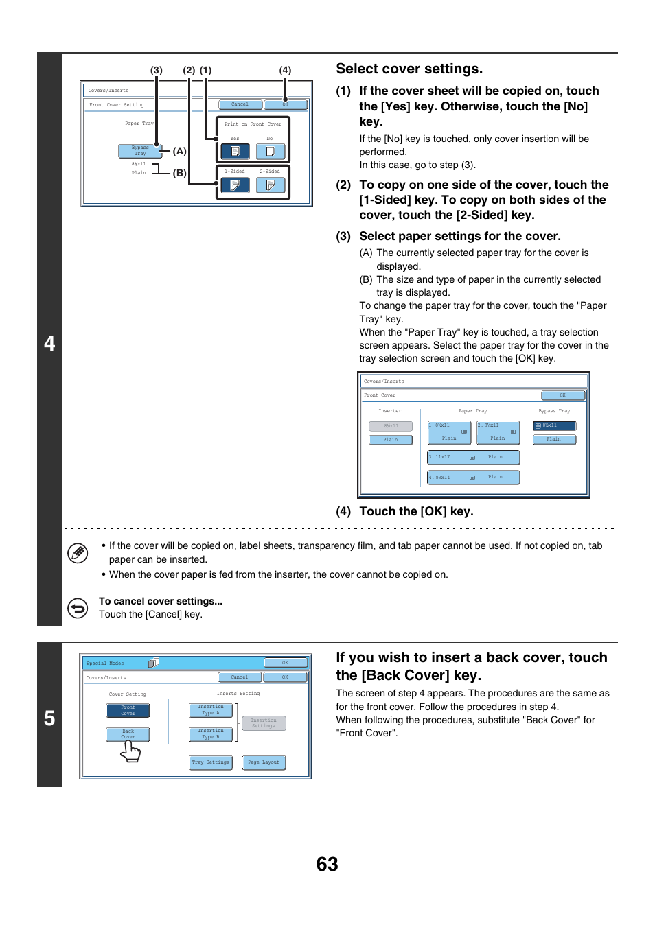 Select cover settings, 4) touch the [ok] key | Sharp MX-7001 User Manual | Page 144 / 710