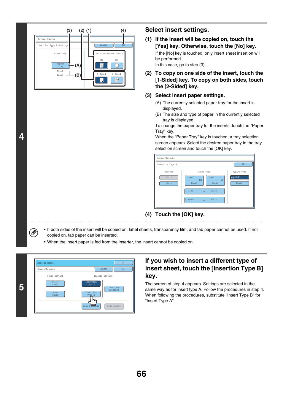 Select insert settings, 4) touch the [ok] key | Sharp MX-7001 User Manual | Page 147 / 710