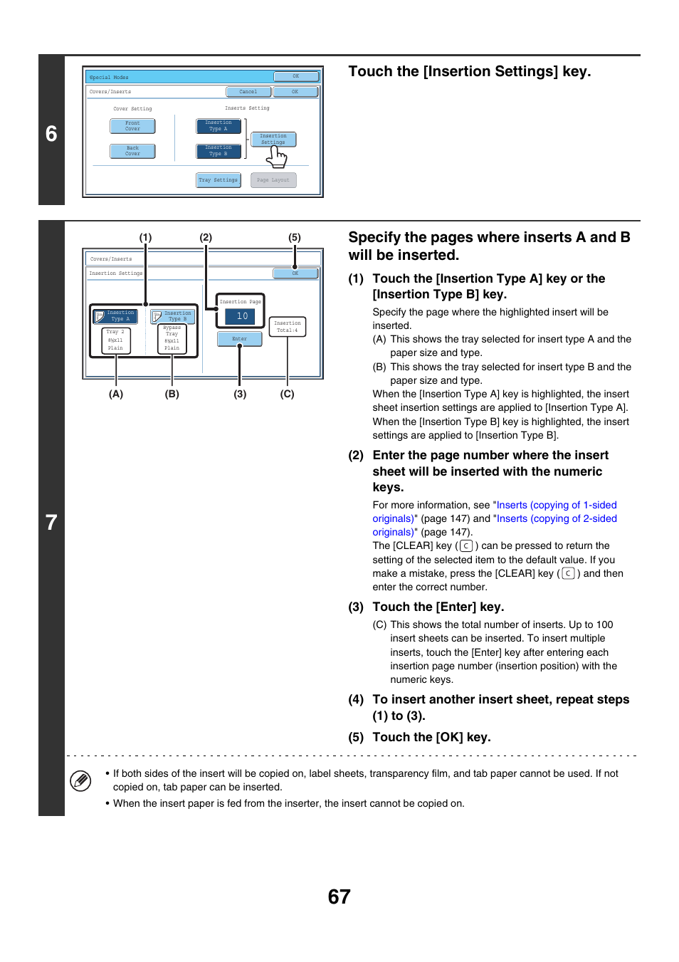 Touch the [insertion settings] key, 3) touch the [enter] key | Sharp MX-7001 User Manual | Page 148 / 710
