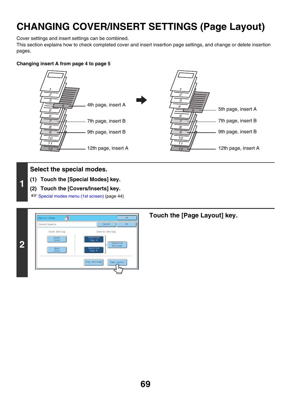 Changing cover/insert settings, Changing cover/insert settings (page layout), Select the special modes | Touch the [page layout] key | Sharp MX-7001 User Manual | Page 150 / 710