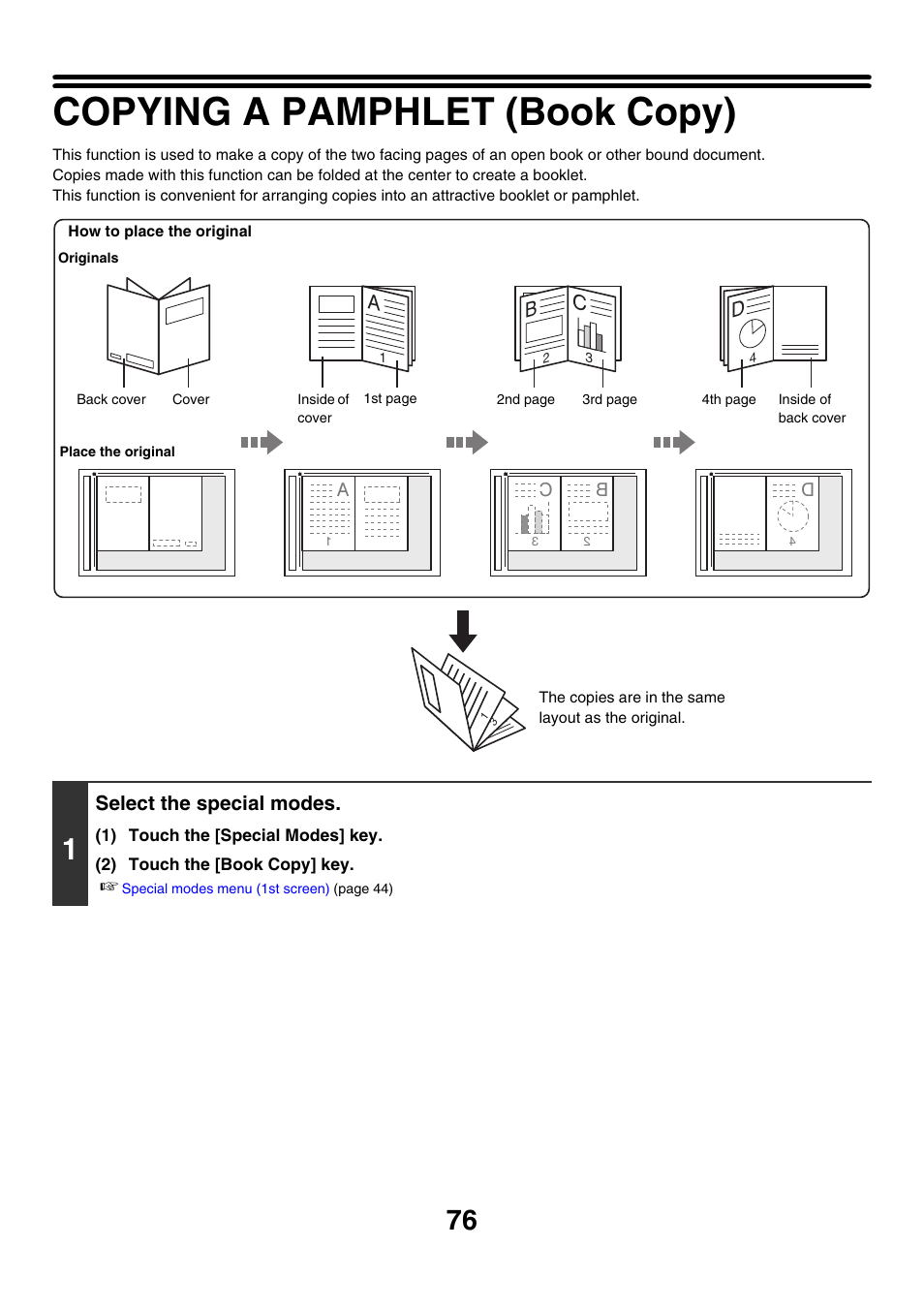 Copying a pamphlet (book copy), Age 76 | Sharp MX-7001 User Manual | Page 157 / 710