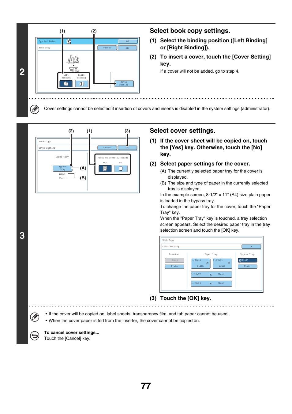 Select book copy settings, Select cover settings, 3) touch the [ok] key | Sharp MX-7001 User Manual | Page 158 / 710