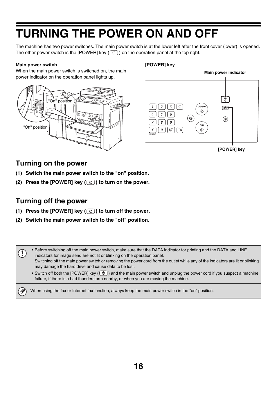 Turning the power on and off, Turning on the power, Turning off the power | Sharp MX-7001 User Manual | Page 16 / 710