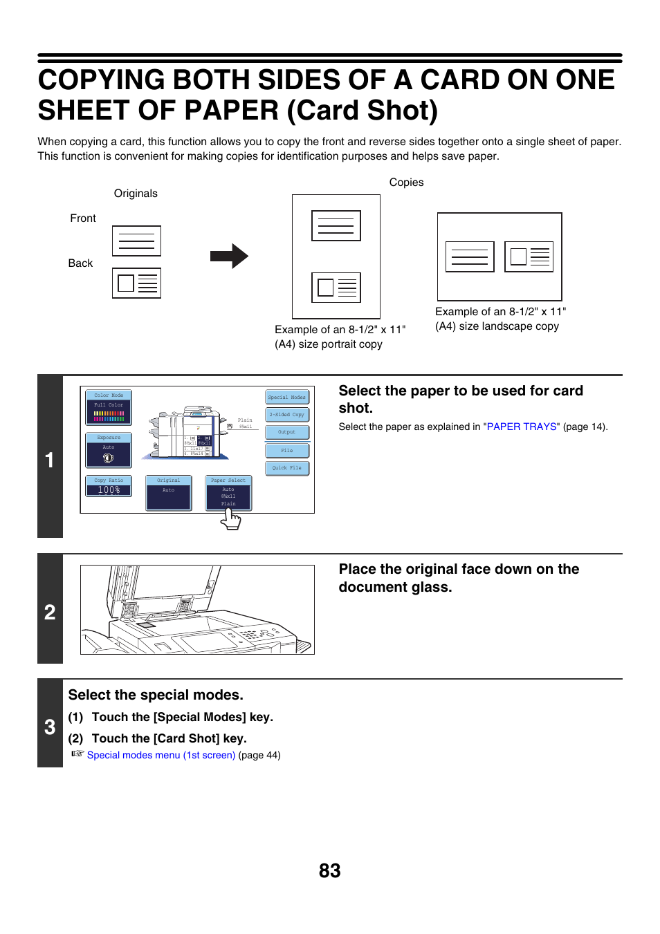 Select the paper to be used for card shot, Place the original face down on the document glass, Select the special modes | Sharp MX-7001 User Manual | Page 164 / 710
