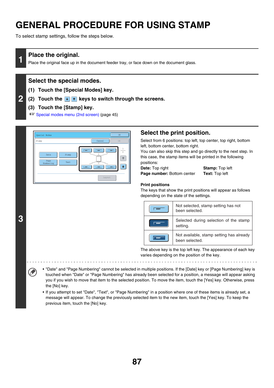 General procedure for using, Stamp, General procedure for using stamp | Place the original, Select the special modes, Select the print position | Sharp MX-7001 User Manual | Page 168 / 710