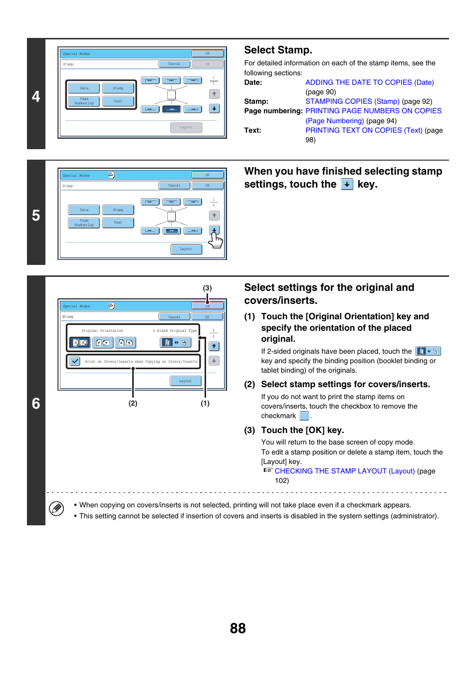 Select stamp, 2) select stamp settings for covers/inserts, 3) touch the [ok] key | Sharp MX-7001 User Manual | Page 169 / 710