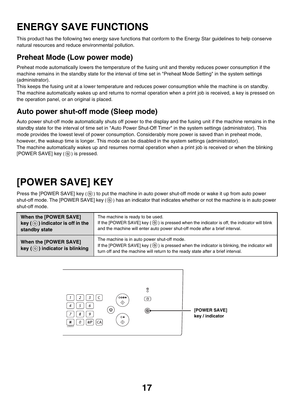 Energy save functions, Power save] key, E 17 | Preheat mode (low power mode), Auto power shut-off mode (sleep mode) | Sharp MX-7001 User Manual | Page 17 / 710