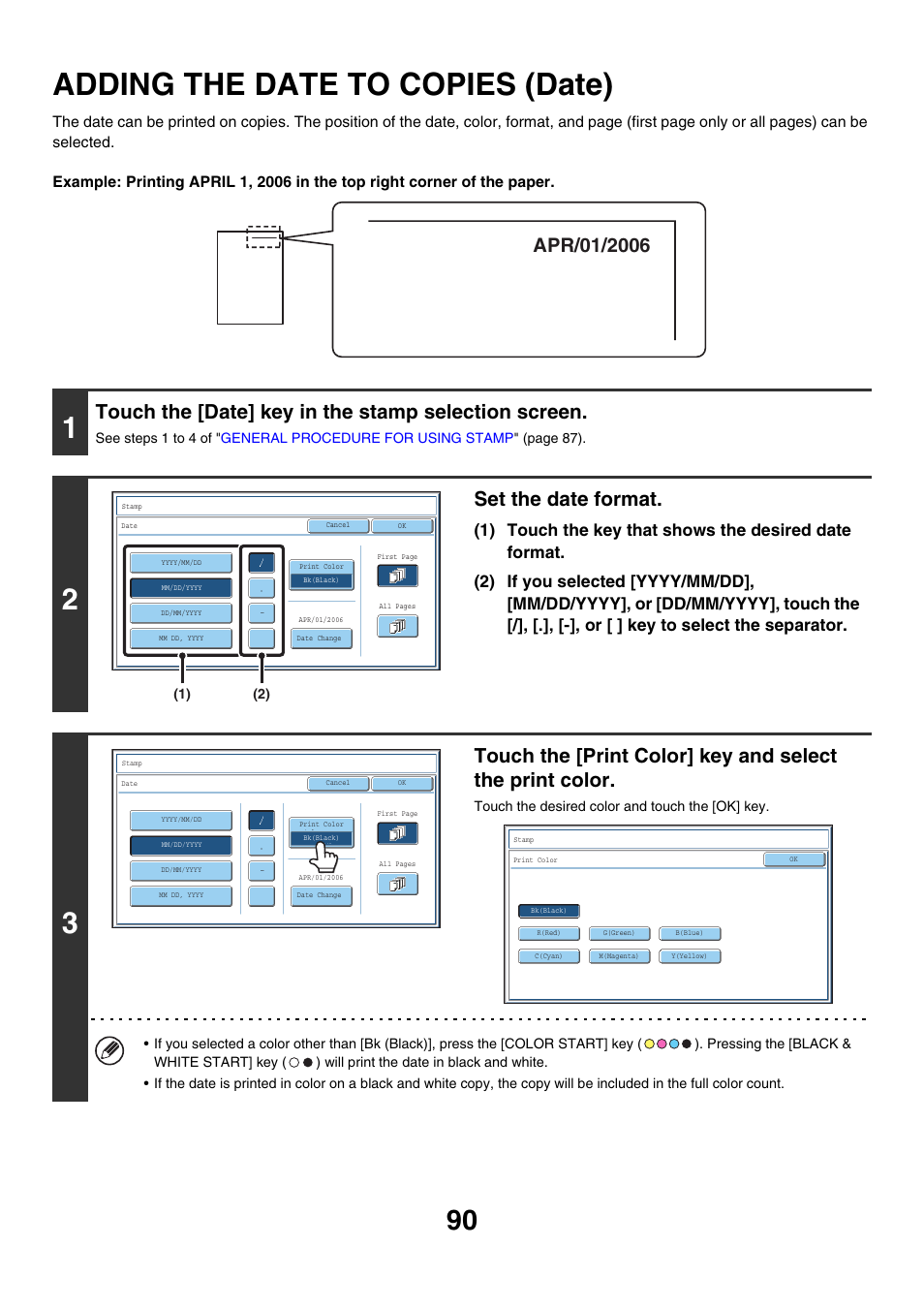 Adding the date to copies (date), E 90, Touch the [date] key in the stamp selection screen | Set the date format | Sharp MX-7001 User Manual | Page 171 / 710