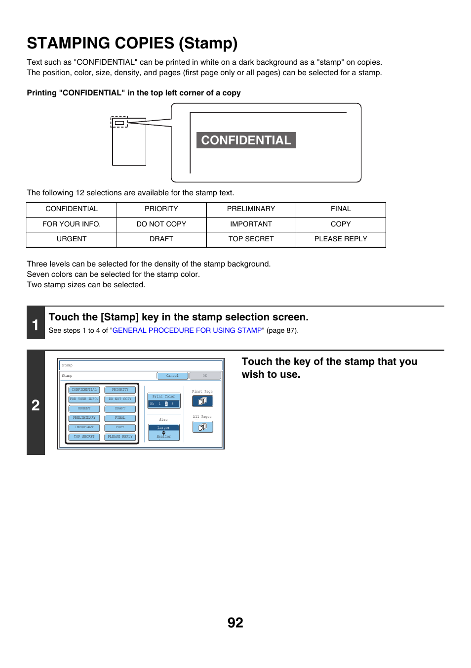 Stamping copies (stamp), E 92), Confidential | Touch the key of the stamp that you wish to use | Sharp MX-7001 User Manual | Page 173 / 710