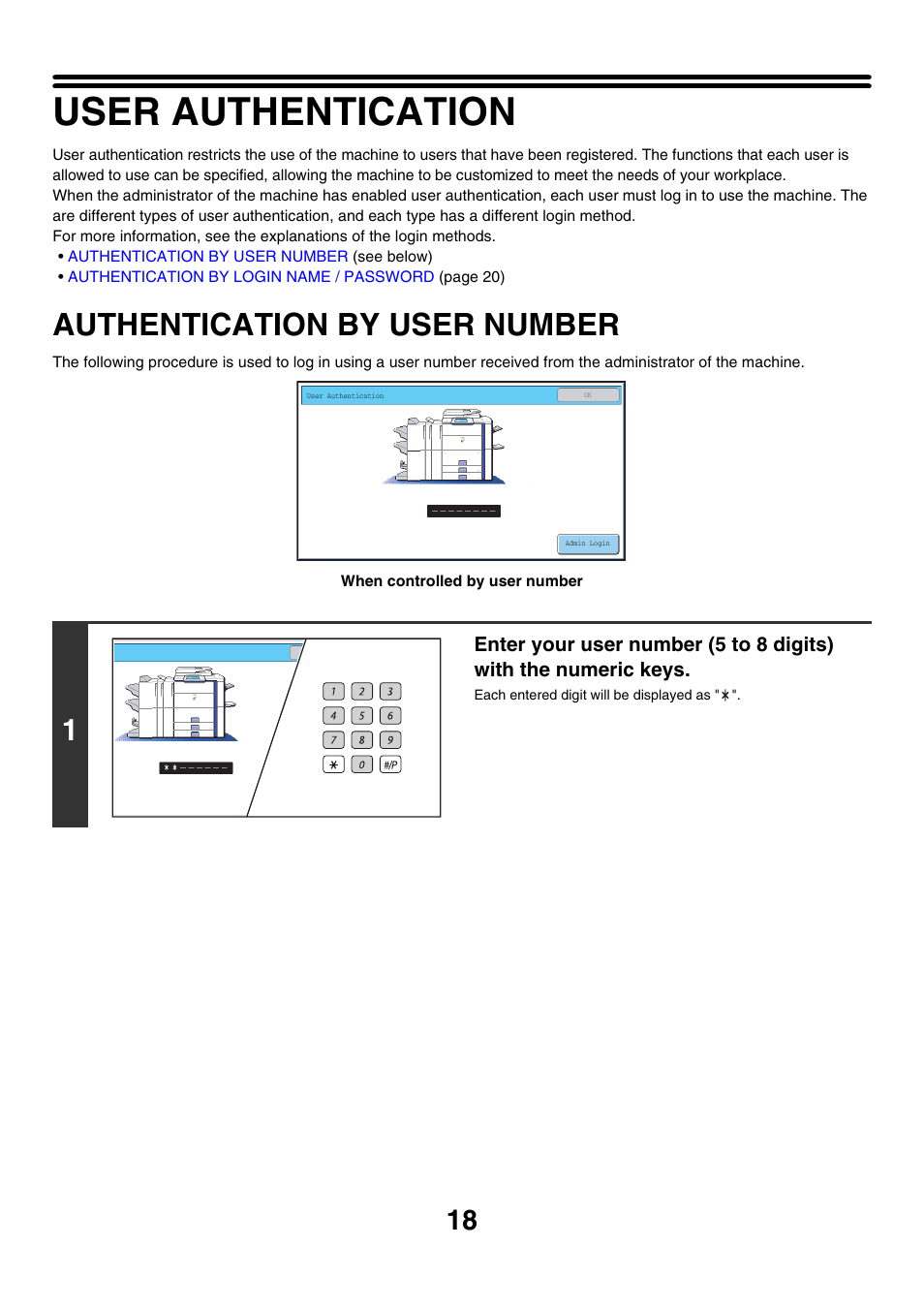 User authentication, Authentication by user number | Sharp MX-7001 User Manual | Page 18 / 710