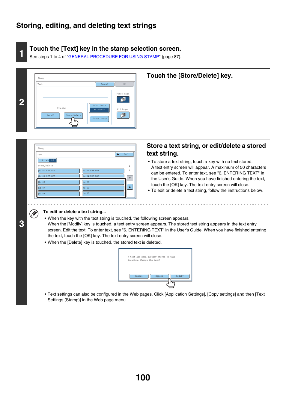 Storing, editing, and deleting text strings, Touch the [text] key in the stamp selection screen, Touch the [store/delete] key | Sharp MX-7001 User Manual | Page 181 / 710