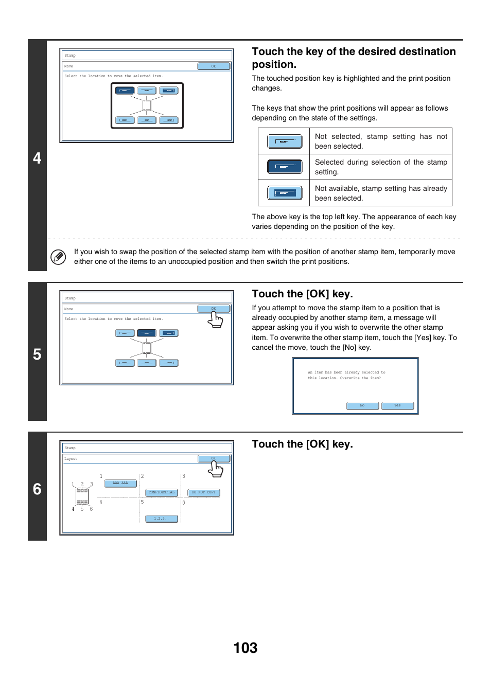 Touch the key of the desired destination position, Touch the [ok] key | Sharp MX-7001 User Manual | Page 184 / 710