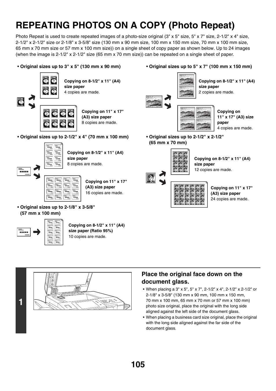 Repeating photos on a copy (photo, Repeat), Repeating photos on a copy (photo repeat) | Ge 105), Place the original face down on the document glass | Sharp MX-7001 User Manual | Page 186 / 710