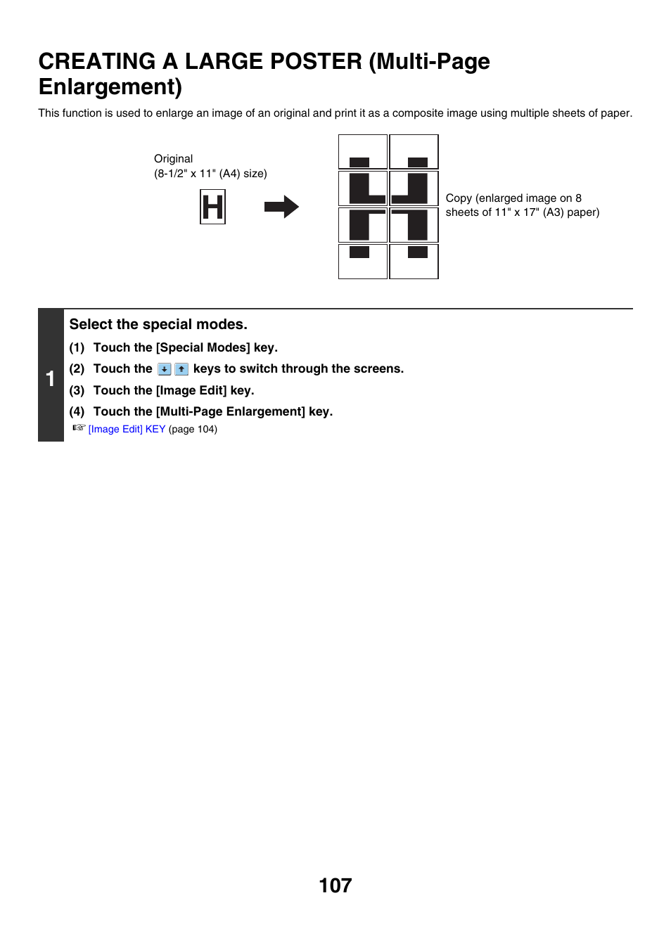 Enlargement), E 107), Creating a large poster (multi-page enlargement) | Sharp MX-7001 User Manual | Page 188 / 710