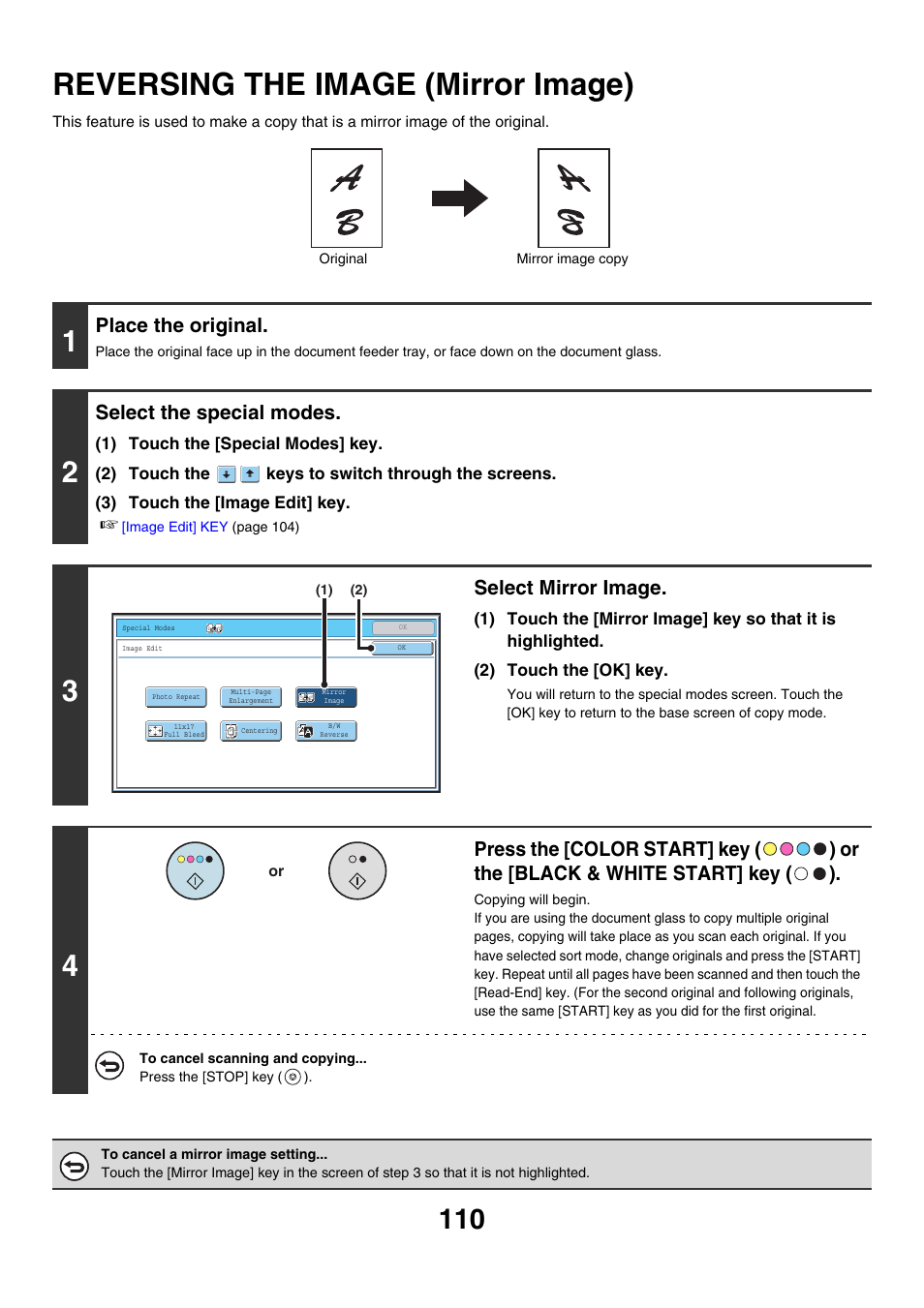 Reversing the image (mirror image), Place the original, Select the special modes | Select mirror image | Sharp MX-7001 User Manual | Page 191 / 710