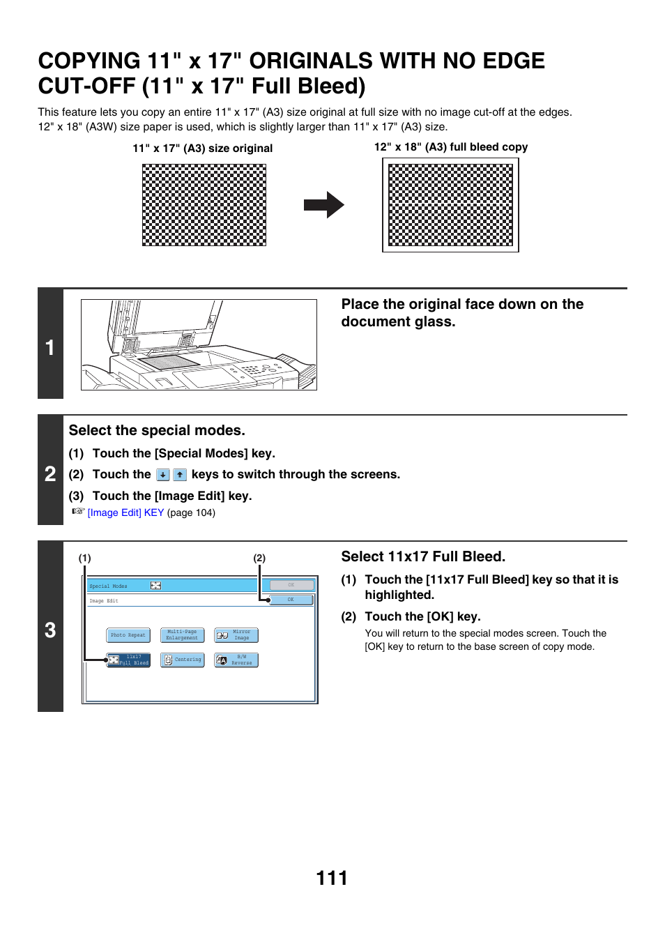 Copying 11" x 17" originals with no, Edge cut-off (11" x 17" full bleed), Place the original face down on the document glass | Select the special modes, Select 11x17 full bleed | Sharp MX-7001 User Manual | Page 192 / 710