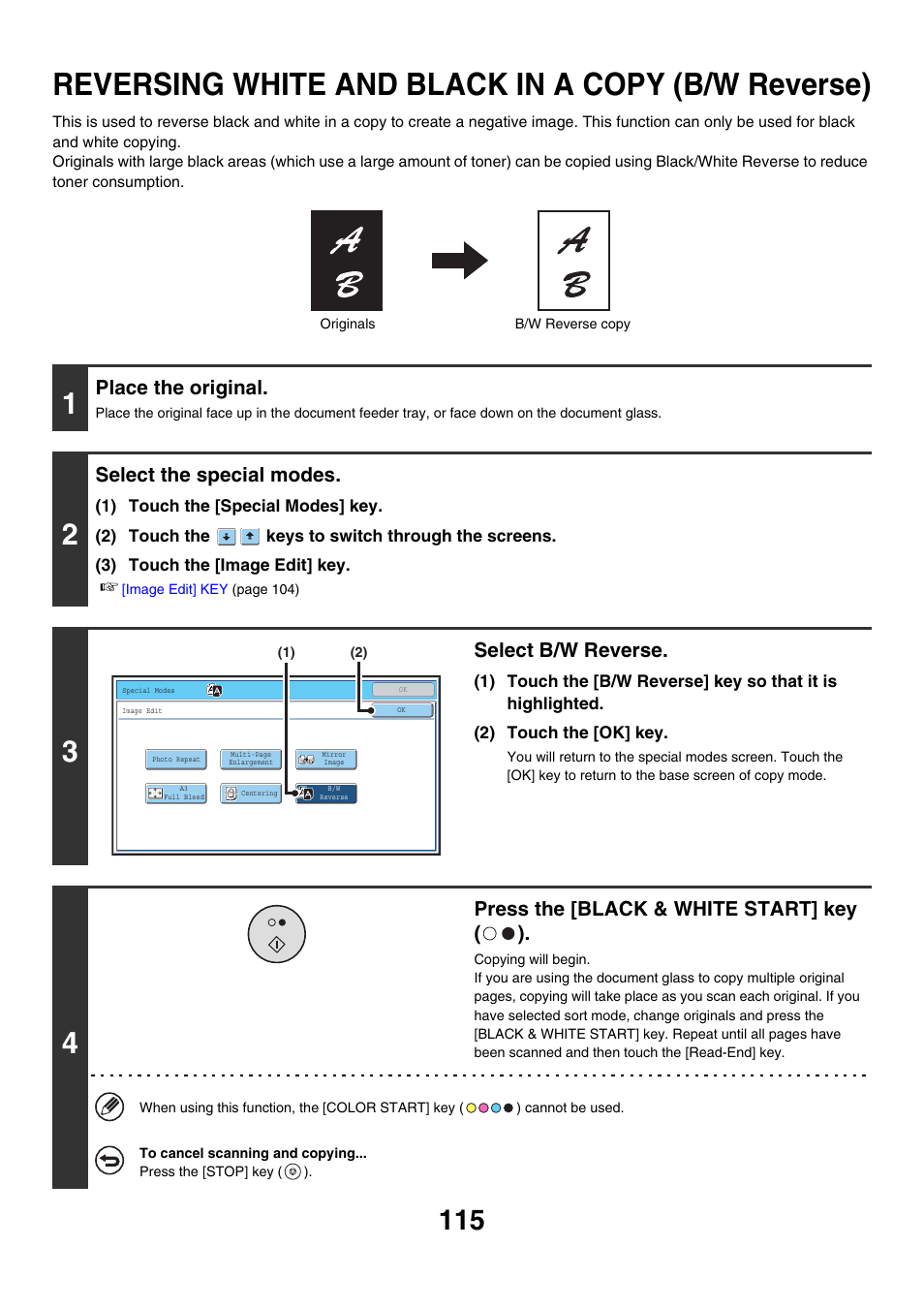 Reversing white and black in a copy, B/w reverse), Reversing white and black in a copy (b/w reverse) | Place the original, Select the special modes, Select b/w reverse, Press the [black & white start] key ( ) | Sharp MX-7001 User Manual | Page 196 / 710