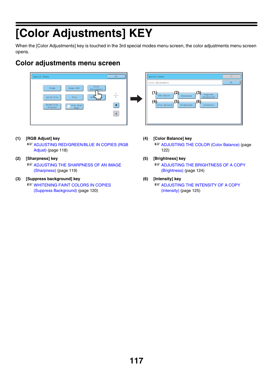 Color adjustments] key, Ge 117, Color adjustments menu screen | Sharp MX-7001 User Manual | Page 198 / 710