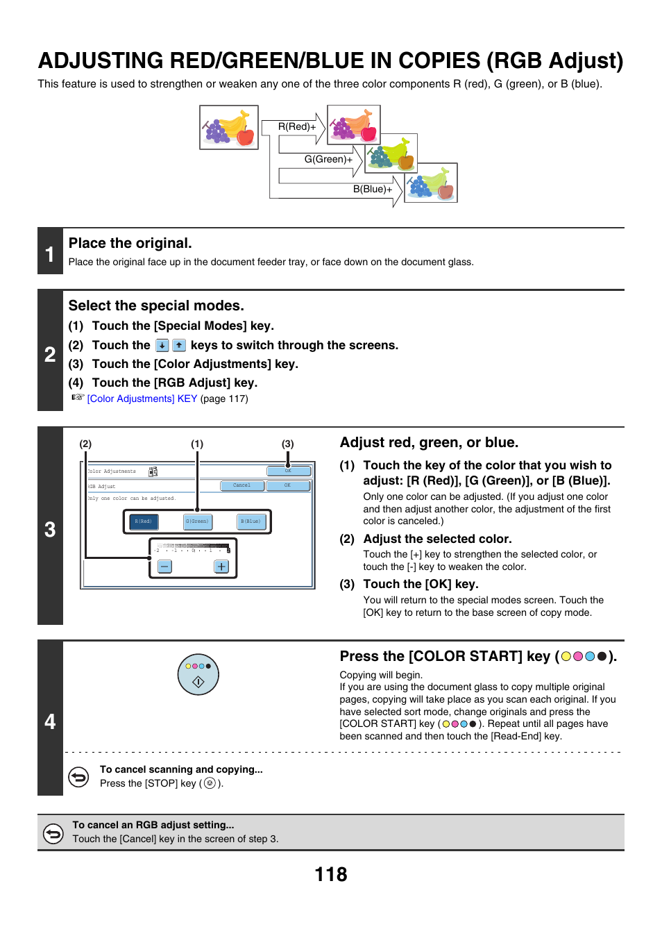 Adjusting red/green/blue in copies, Rgb adjust), Adjusting red/green/blue in copies (rgb adjust) | Place the original, Select the special modes, Adjust red, green, or blue, Press the [color start] key ( ) | Sharp MX-7001 User Manual | Page 199 / 710