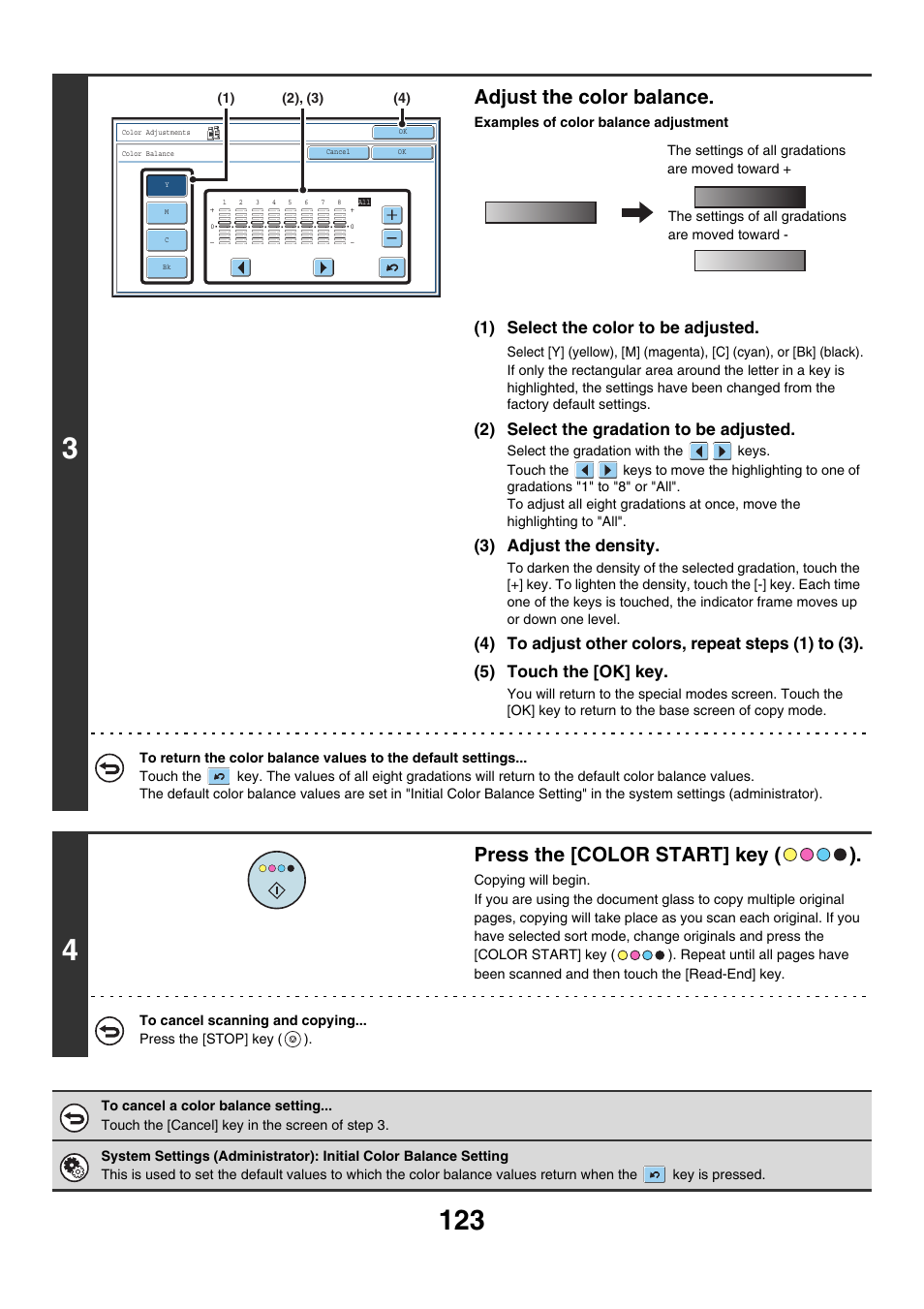 Adjust the color balance, Press the [color start] key ( ), 1) select the color to be adjusted | 2) select the gradation to be adjusted, 3) adjust the density | Sharp MX-7001 User Manual | Page 204 / 710