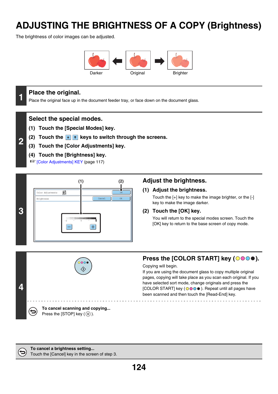 Adjusting the brightness of a copy, Brightness), Adjusting the brightness of a copy (brightness) | Place the original, Select the special modes, Adjust the brightness, Press the [color start] key ( ) | Sharp MX-7001 User Manual | Page 205 / 710