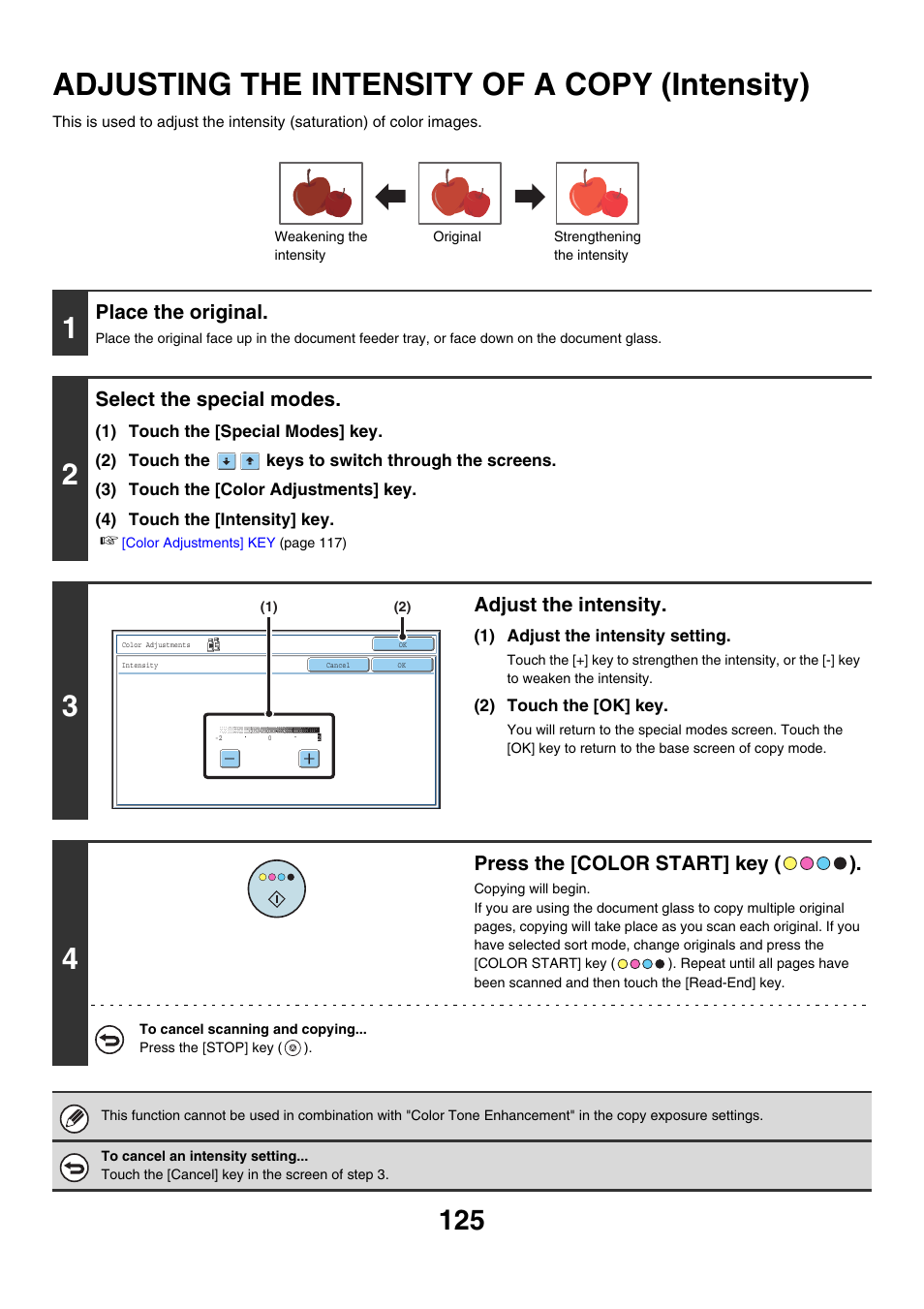 Adjusting the intensity of a copy, Intensity), Adjusting the intensity of a copy (intensity) | Place the original, Select the special modes, Adjust the intensity, Press the [color start] key ( ) | Sharp MX-7001 User Manual | Page 206 / 710