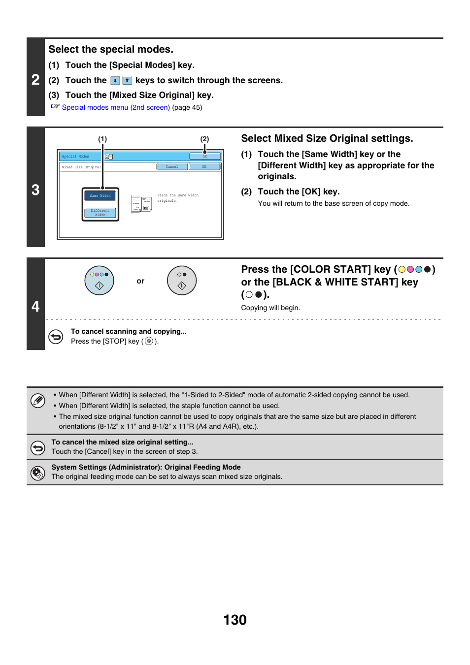 Select the special modes, Select mixed size original settings | Sharp MX-7001 User Manual | Page 211 / 710