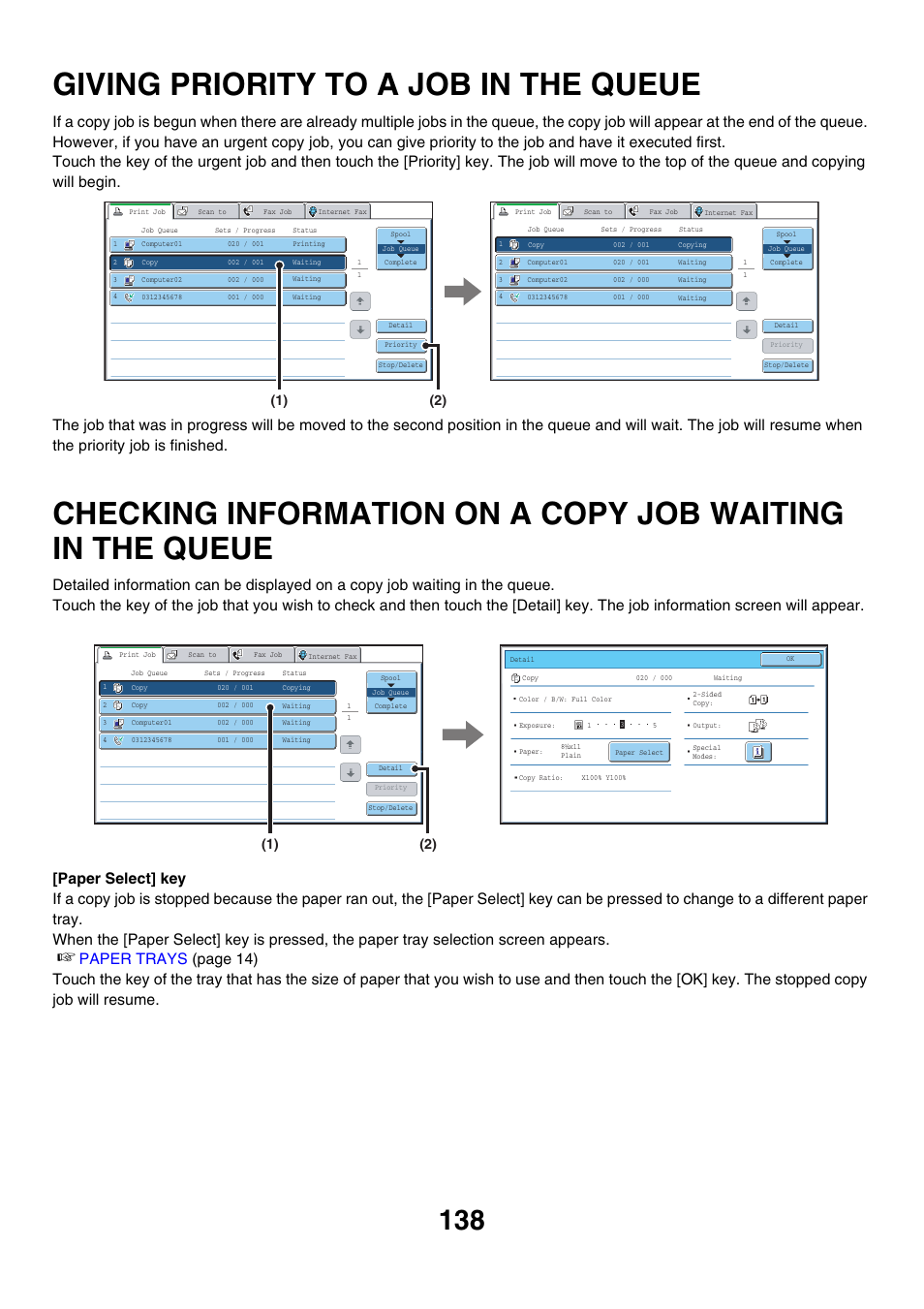 Giving priority to a job in the queue . 138, Checking information on a copy job, Waiting in the queue | Giving priority to a job in the queue | Sharp MX-7001 User Manual | Page 219 / 710