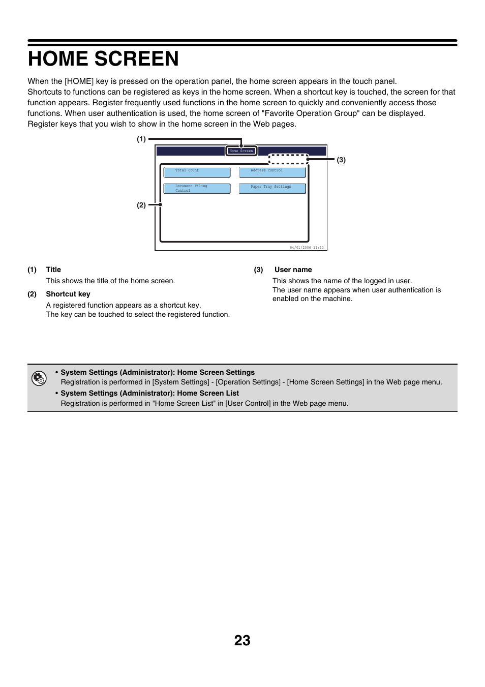 Home screen, E 23) | Sharp MX-7001 User Manual | Page 23 / 710