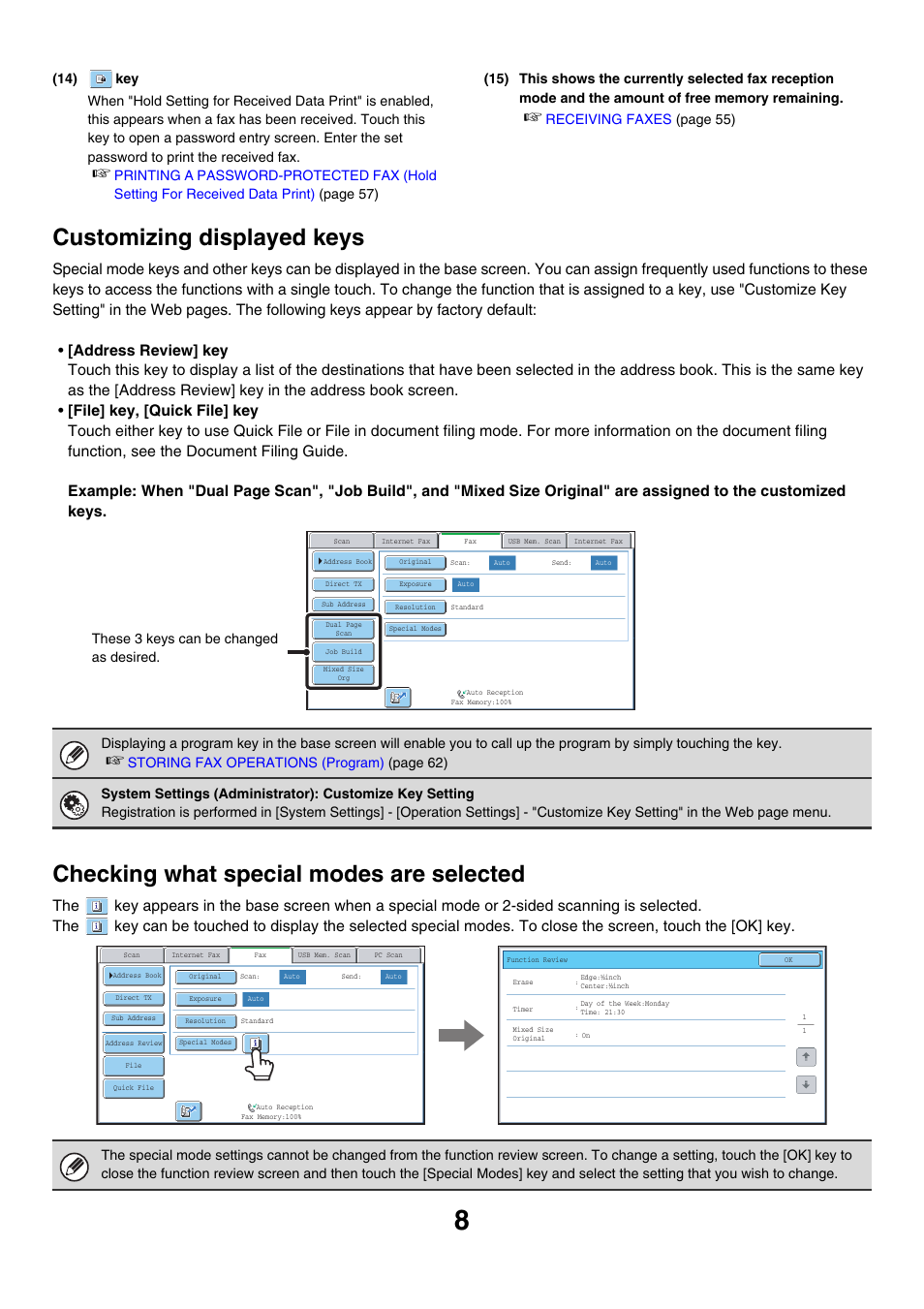 Customizing displayed keys, E 8), Checking what special modes are selected | Sharp MX-7001 User Manual | Page 237 / 710