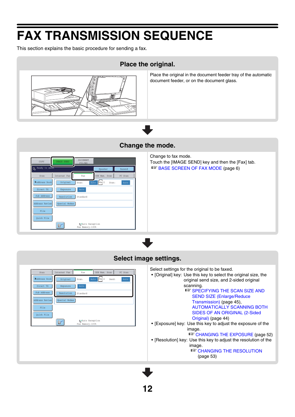 Fax transmission sequence, Place the original, Change the mode | Select image settings | Sharp MX-7001 User Manual | Page 241 / 710