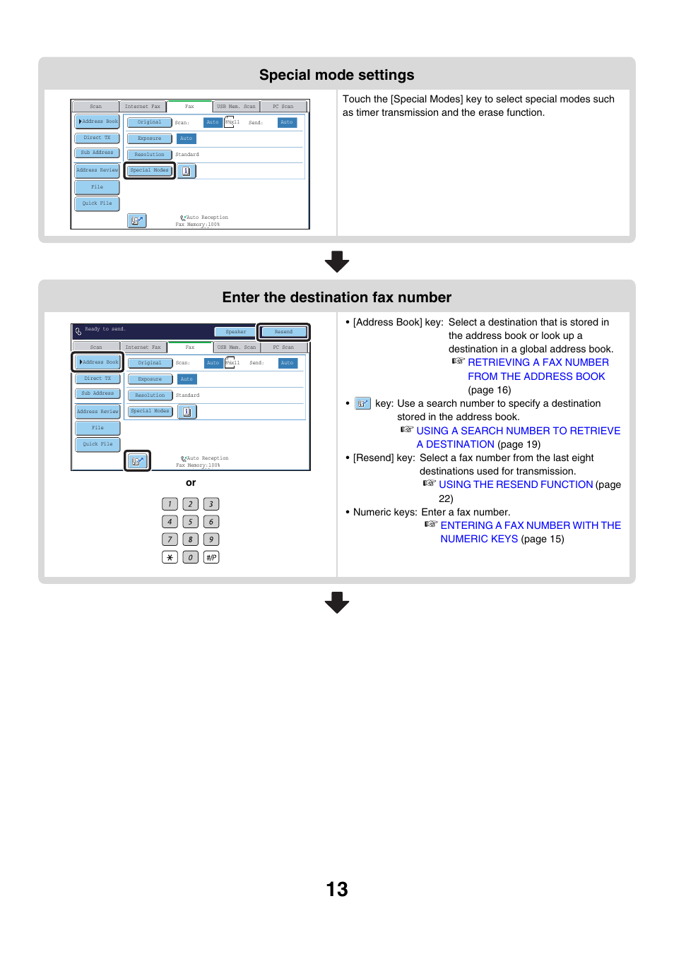 Special mode settings, Enter the destination fax number | Sharp MX-7001 User Manual | Page 242 / 710