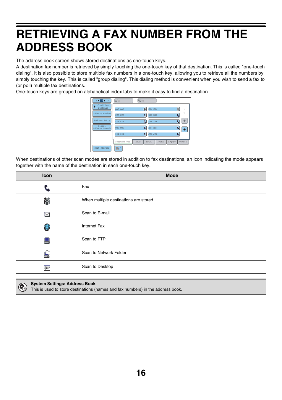Retrieving a fax number from the address book, Age 16 | Sharp MX-7001 User Manual | Page 245 / 710