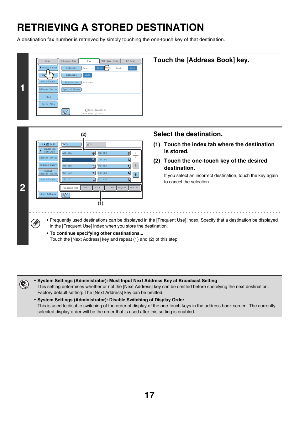 Retrieving a stored destination, Touch the [address book] key, Select the destination | Sharp MX-7001 User Manual | Page 246 / 710