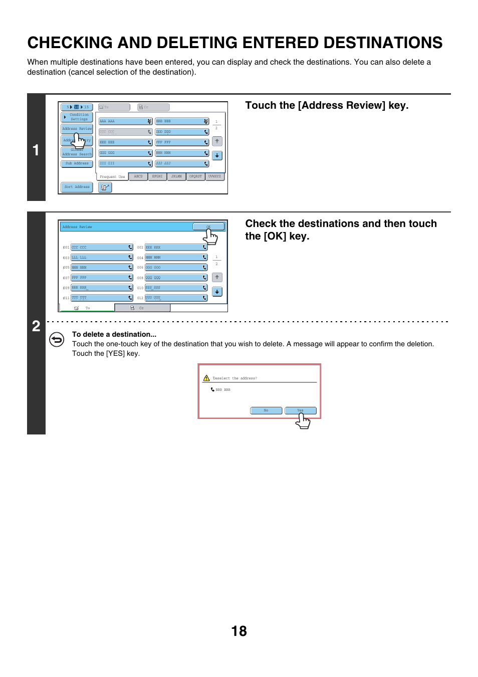 Checking and deleting entered, Destinations, Checking and deleting entered destinations | E 18, Touch the [address review] key, Check the destinations and then touch the [ok] key | Sharp MX-7001 User Manual | Page 247 / 710