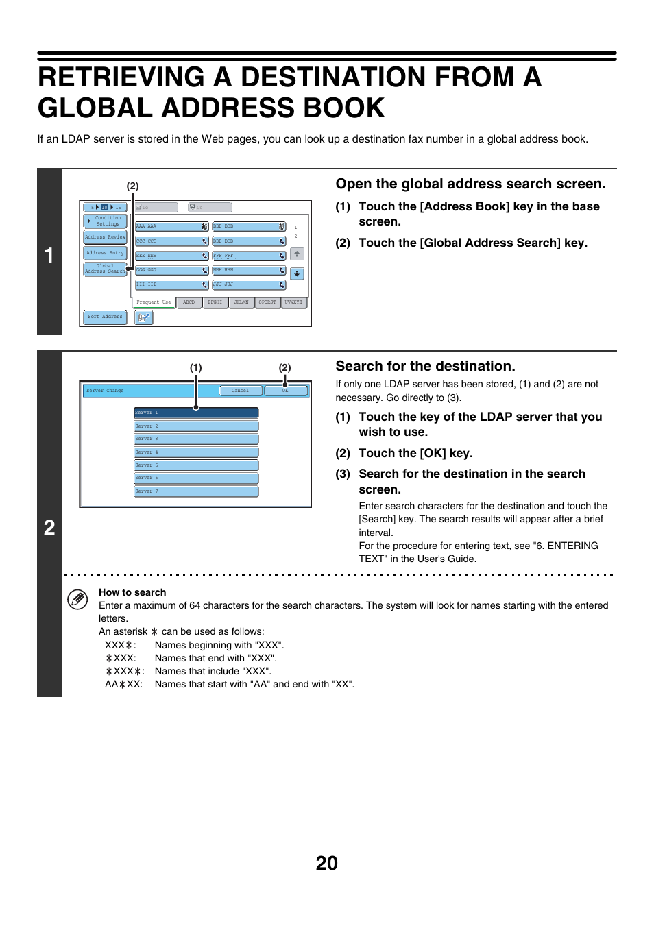 Age 20, Open the global address search screen, Search for the destination | Sharp MX-7001 User Manual | Page 249 / 710