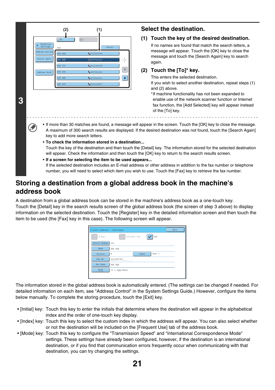 Select the destination, 1) touch the key of the desired destination, 2) touch the [to]* key | Sharp MX-7001 User Manual | Page 250 / 710