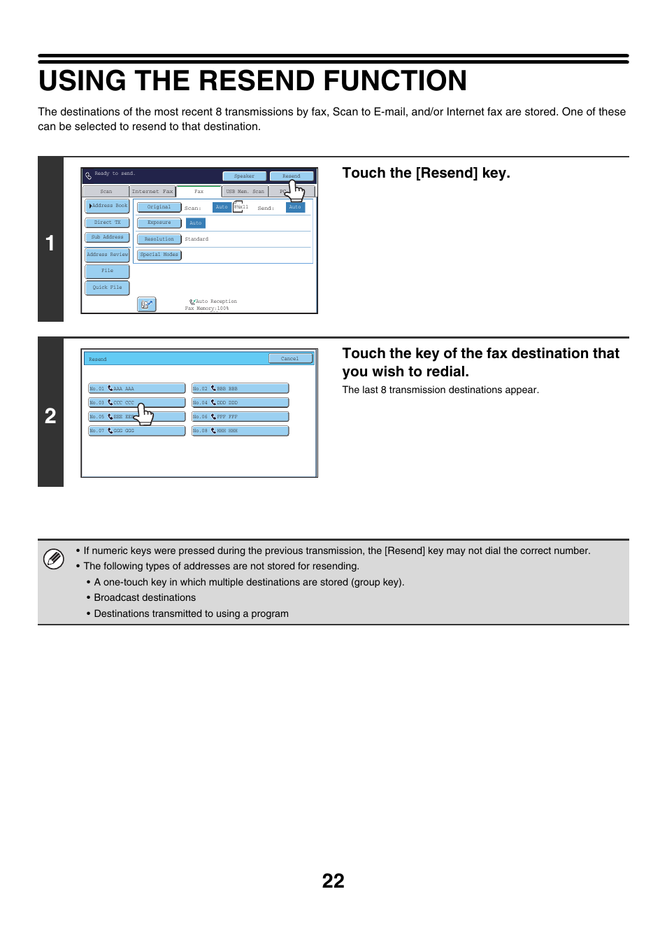 Using the resend function, E 22), Touch the [resend] key | Sharp MX-7001 User Manual | Page 251 / 710