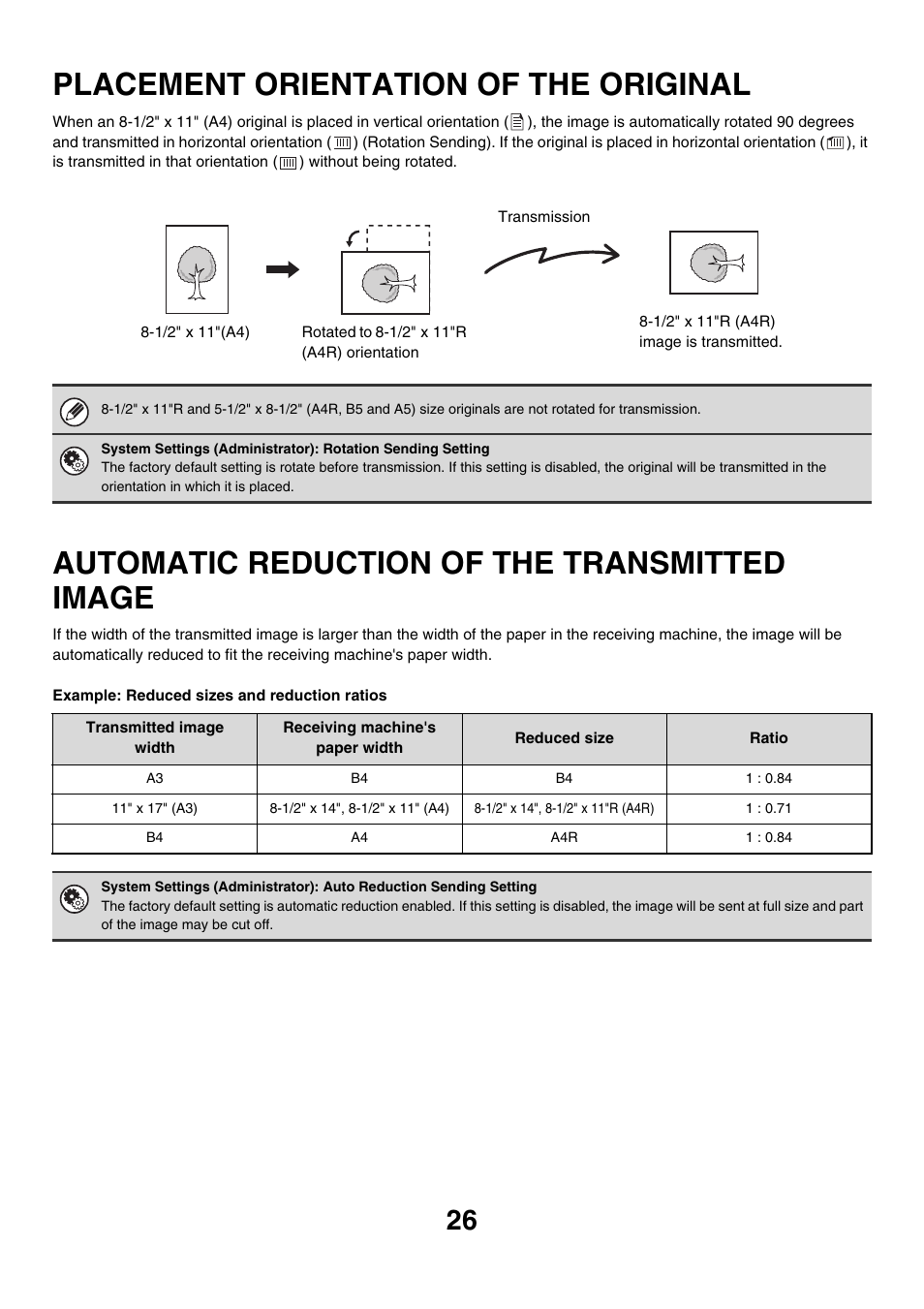Placement orientation of the, Original, Automatic reduction of the | Transmitted image, Placement orientation of the original, Automatic reduction of the transmitted image | Sharp MX-7001 User Manual | Page 255 / 710