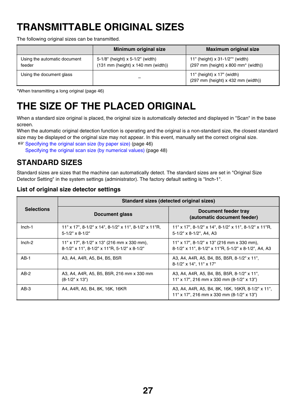 Transmittable original sizes, The size of the placed original, Standard sizes | Sharp MX-7001 User Manual | Page 256 / 710